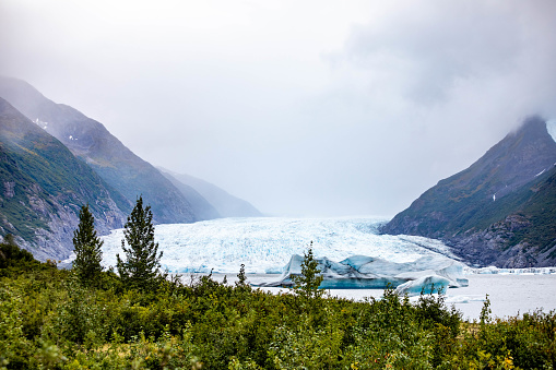 Spencer Glacier and icebergs of Alaska in fall tourist destination overlook