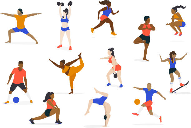 ilustraciones, imágenes clip art, dibujos animados e iconos de stock de conjunto de atletas multiculturales y personas activas saludables haciendo yoga, correr, saltar, estirar, jugar al fútbol, levantar pesas y patinar - diversity character concept - healthy life style illustrations