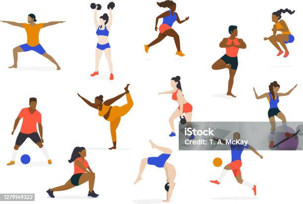 Set Of Multicultural Athletes And Healthy Active People Doing Yoga Running Jumping Stretching Playing Soccer Lifting Weights And Skateboarding Diversity Character Concept - Arte vetorial de stock e mais imagens de Exercitar