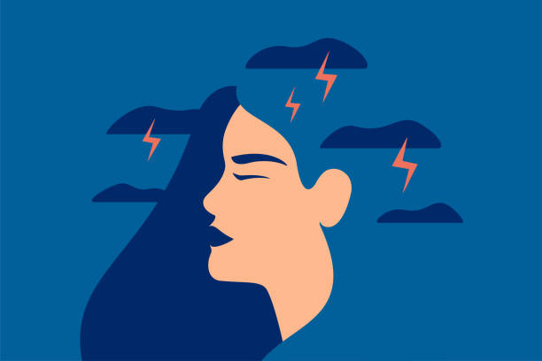 Sad girl with nervous problems feels anxiety and tension. Sad girl with nervous problems feels anxiety and tension. Young woman has chronic fatigue, stress and confusion of thoughts. Vector flat illustration headache illustrations stock illustrations