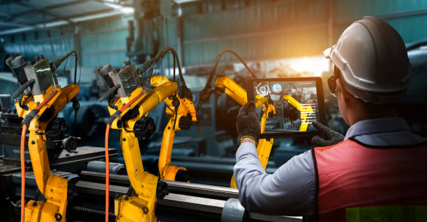 istock Smart industry robot arms for digital factory production technology 1279150935