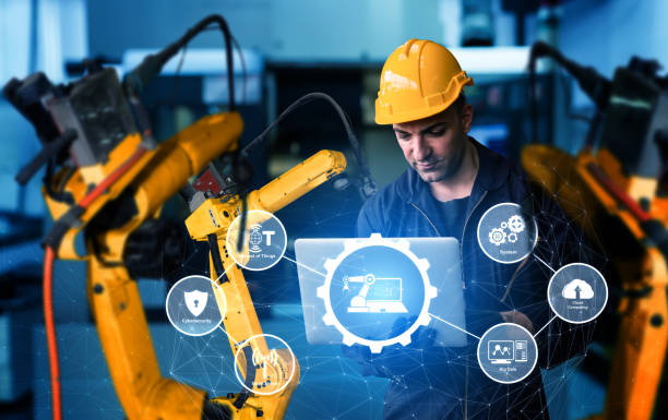 istock Smart industry robot arms for digital factory production technology 1279151093