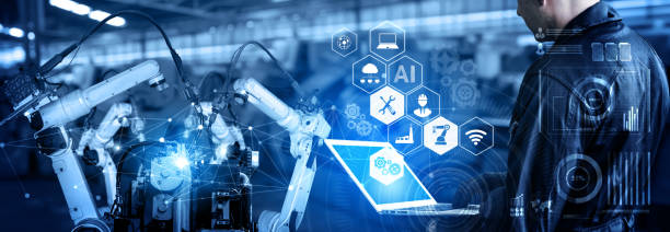 istock Smart industry robot arms for digital factory production technology 1279151167