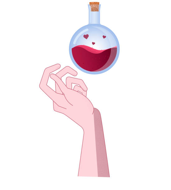 A vial of love potion, a woman's hand wants to grab it. vector art illustration