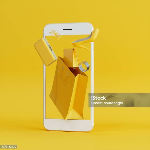Online Shopping At Smartphone With Flying Yellow Wallet Clutch Bag And Shoe Background Stock Photo - Download Image Now