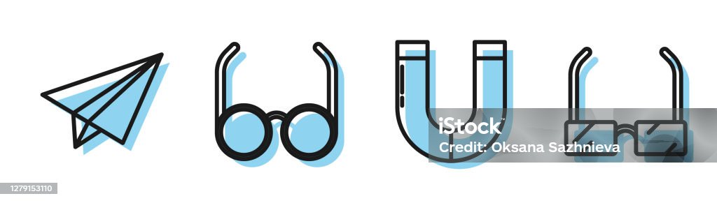 Set Line Magnet Paper Airplane Glasses And Glasses Icon Vector