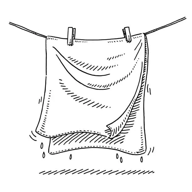 Vector illustration of Towel Hanging On Clothesline Drying Drawing