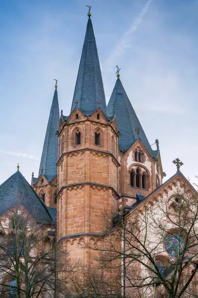 Church On St. Mary, Gelnhausen, Germany.  It shows both Romanesque and Gothic architecture elements