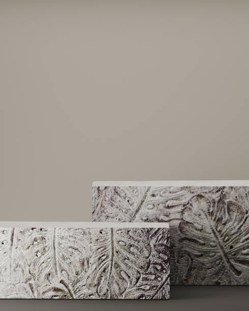 istock 3D background stone podium display set. Concrete, natural rock pedestal with monstera leaf on gray backdrop. Minimal scene for beauty cosmetic or product presentation. Abstract template, 3d render 1279159679