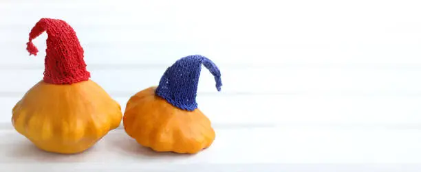 orange vegetables in knitted hats on a light long table