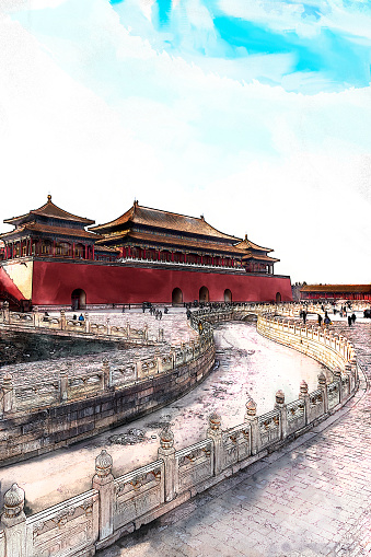 Digital Painting and Drawing with watercolor of ancient china palace in forbidden City with blue sky, Beijing, China