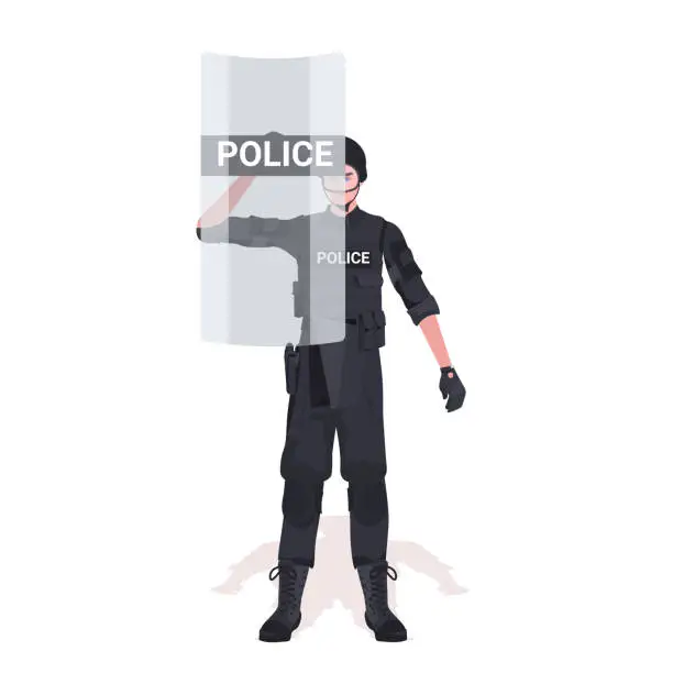 Vector illustration of policeman in full tactical gear riot police officer with shield and protesters and demonstration riots mass control