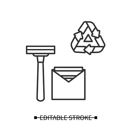 Reusable safety razor icon. Shaving kit with replacement blades and recycling line pictogram. Zero waste and sustainable personal hygiene accessories concept. Editable stroke vector illustration