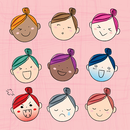 Cute multi ethnic girl emoji facial expression vector illustration sketch