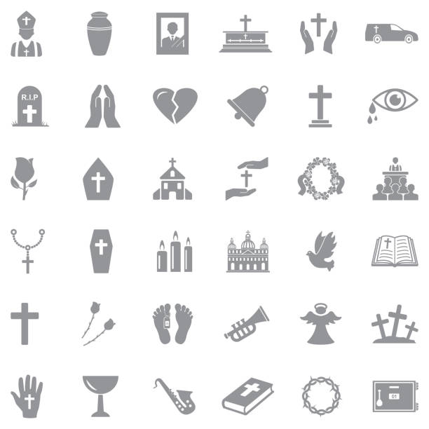 ilustrações, clipart, desenhos animados e ícones de ícones funerários. gray flat design. ilustração vetorial. - church symbol rosary beads christianity