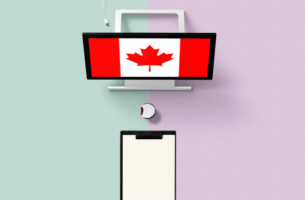 istock Canada national flag on computer screen top view, cupcake and empty note paper for planning. Minimal concept with turquoise and purple background. 1279164812