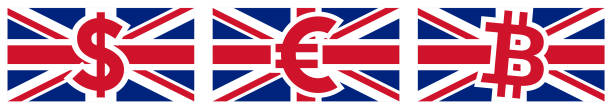 union jack uk flagge mit dollar, euro und bitcoin zeichen in der mitte. britischer handel nach europa, usa und kryptowährungshandelskonzept - currency exchange currency european union currency dollar stock-grafiken, -clipart, -cartoons und -symbole