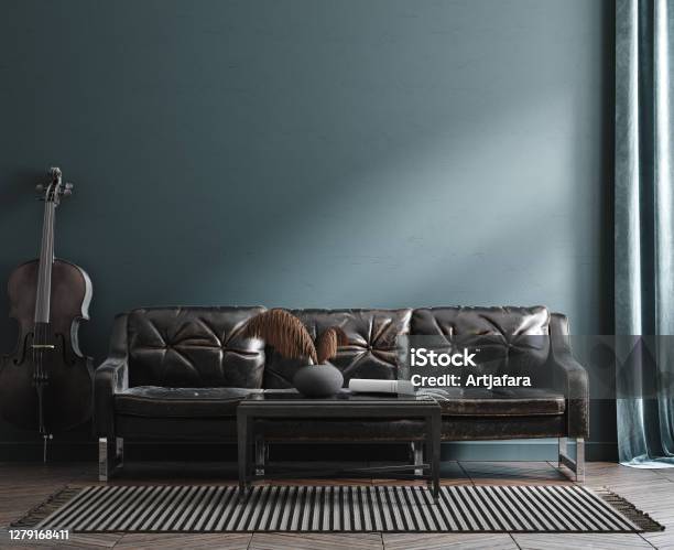 Home Interior Mockup With Leather Sofa Table And Cello Near Wall Stock Photo - Download Image Now
