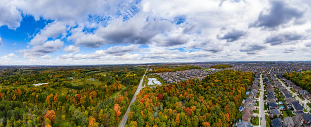 hojas multicolores a ambos lados de pine village dr y vellore village comunidad en woodbridge en vaughan, ontario, canadá - outdoors footpath leaf toronto fotografías e imágenes de stock