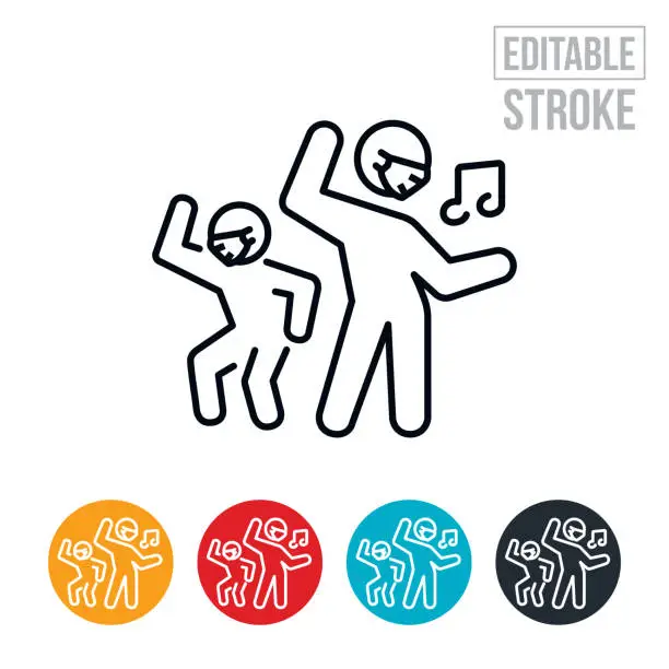 Vector illustration of People Dancing to Music While Wearing Face Mask Thin Line Icon - Editable Stroke