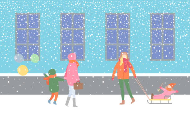 ilustrações de stock, clip art, desenhos animados e ícones de wintertime seasonal walks of family at street - balloon child winter snow