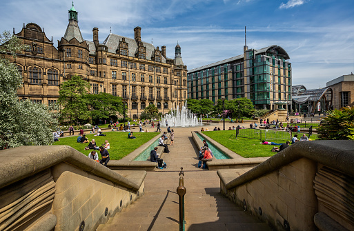 Peace gardens and Town Hall in Sheffield, Yorkshire, UK taken on 18 May 2018