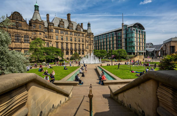 Peace gardens and Town Hall in Sheffield, Yorkshire, UK stock photo