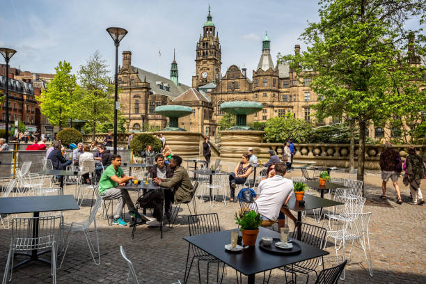 Peace gardens and outdoor coffee shop in Sheffield, Yorkshire, UK stock photo
