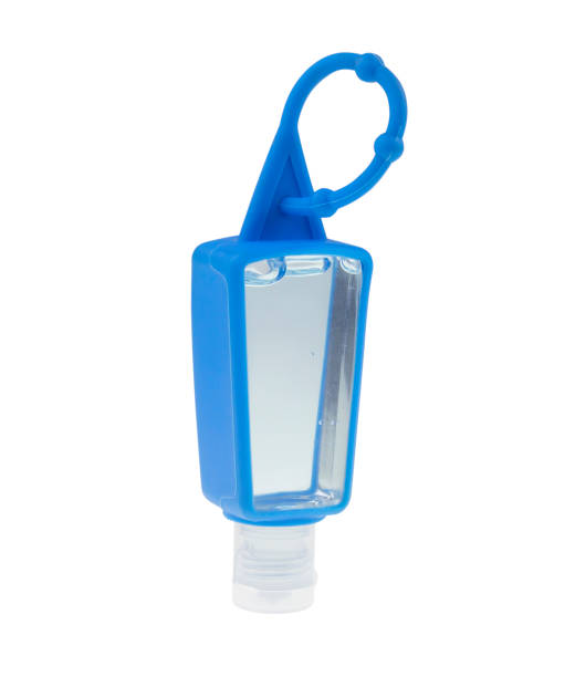 istock Clear hand sanitizer keychain blue isolated on white background 1279175947