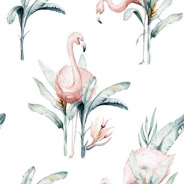 illustrations, cliparts, dessins animés et icônes de motif tropical sans couture avec flamant rose. dessin de tropic d’aquarelle, oiseau rose et palmier de verdure, texture verte tropicale, fleur exotique - tree bird flower pattern