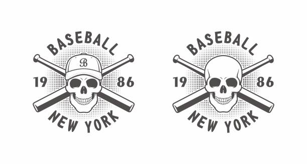 set von schwarz und weiß illustrationen eines schädels, baseball-kappe, gekreuzte fledermäuse, text auf weißem hintergrund. - skull baseball ball stock-grafiken, -clipart, -cartoons und -symbole