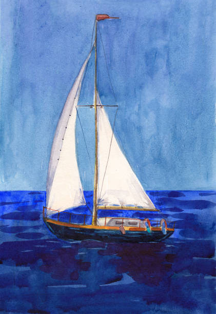 istock Watercolor illustration, hand drawn sailboat. Art print yacht sails, blue sky and deep ultramarine water. 1279178954
