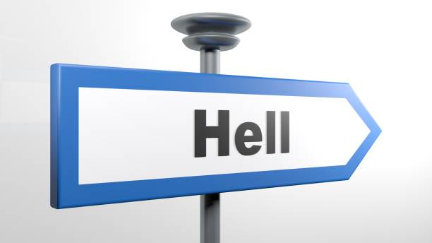 niebiesko-biała ulica westchnienie z napisem hell - ilustracja renderowania 3d - heaven hell road sign sign zdjęcia i obrazy z banku zdjęć
