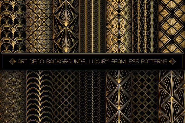 Art Deco Patterns. Seamless black and gold backgrounds Art Deco Patterns. Seamless black and gold backgrounds set. Metallic shells or scales lace ornament. Minimalistic geometric design. Vector lines. 1920-30s motifs. Luxury vintage gold collection steampunk style stock illustrations