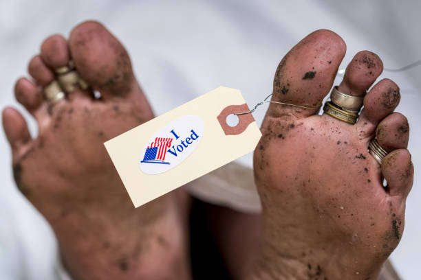 Toe Tag Stock photo of body with toes and toe tag. voter id stock pictures, royalty-free photos & images