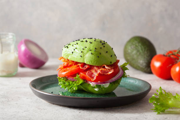 istock keto paleo diet avocado burger with bacon, lettuce, tomato 1279181127