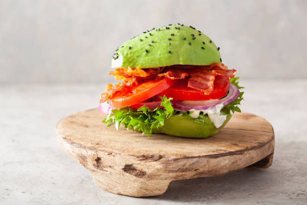 istock keto paleo diet avocado burger with bacon, lettuce, tomato 1279181186