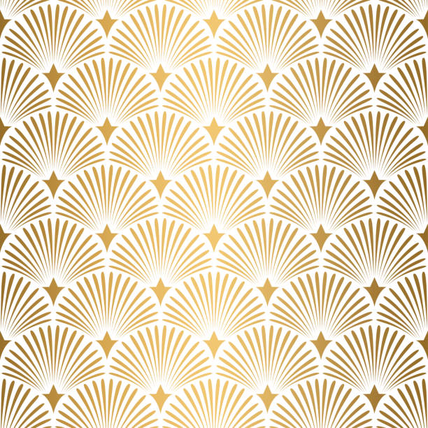 Art Deco pattern. Seamless white and gold background. Wedding decoration Art Deco Pattern. Seamless white and gold background. Metallic shells or scales lace ornament. Minimalistic geometric design. Vector lines. 1920-30s motifs. Luxury vintage illustration. Wedding ornate animal shell stock illustrations