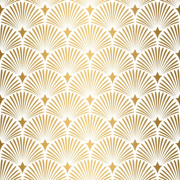 Vector illustration of Art Deco pattern. Seamless white and gold background. Wedding decoration