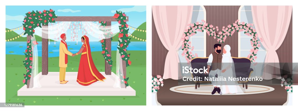 Indian And Muslim Wedding Flat Color Vector Illustration Set Stock  Illustration - Download Image Now - iStock
