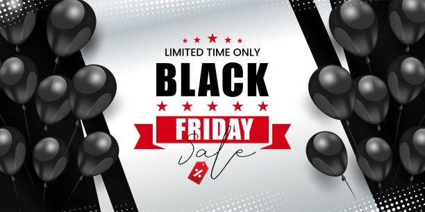 czarny piątek ograniczona czas sprzedaży tylko z czerwoną wstążką i 3d czarny balon na super atrakcyjne, luksusowe srebrne / platynowe kolorowe półtonowe tło. - black week stock illustrations