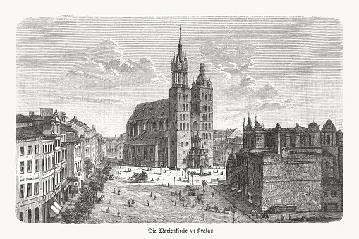 Historical view of Saint Mary’s Basilica in Kraków, Poland. UNESCO World Heritage Site since 1978. Wood engraving, published in 1893.