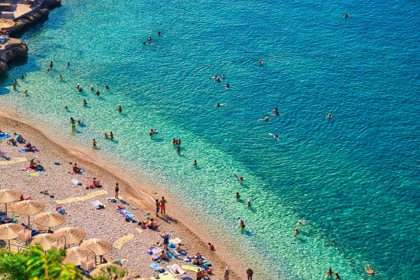 Arvanitia beach from high view, Nafplio, Greece stock photo
