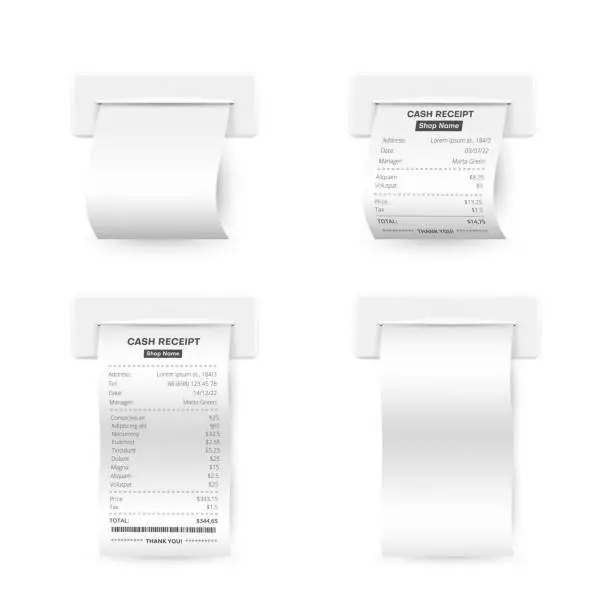 Vector illustration of Till receipts and white empty printed templates realistic set. Sales financial confirmation blanks.