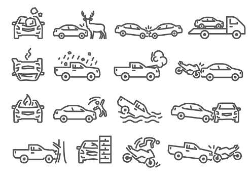 Car, bike, vehicle accident outline icons set isolated on white. Crash into tree, wall, drown, animal on road outline pictograms collection. Collision, ride down vector elements for infographic, web.