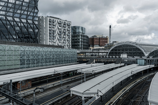A modern office buildings above the tracks near Paddington Station in London.