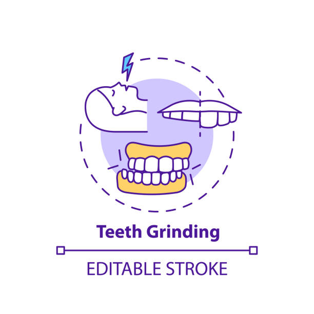 Teeth grinding concept icon Teeth grinding concept icon. Dental problem. Orthodontic care. Healthcare issue. Sleep disorder cause idea thin line illustration. Vector isolated outline RGB color drawing. Editable stroke clenching teeth stock illustrations