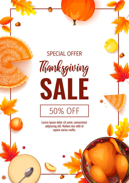 ilustrações de stock, clip art, desenhos animados e ícones de happy thanksgiving day promo sale flyer with baked turkey, pumpkin pie, autumn leaves, apples, acorns on the white background. - pie baked food pumpkin pie