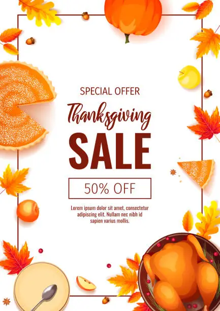 Vector illustration of Happy Thanksgiving Day promo sale flyer with baked turkey, pumpkin pie, autumn leaves, apples, acorns on the white background.