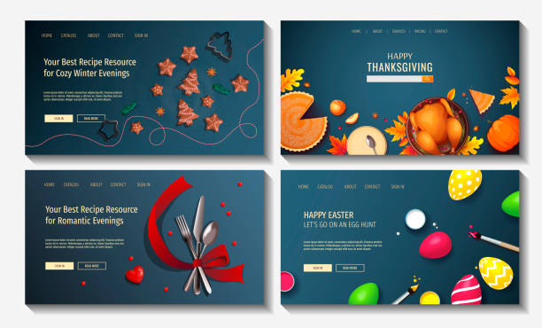 ilustrações de stock, clip art, desenhos animados e ícones de set of web page design templates for holidays, christmas, new year, valentine's day, easter, thanksgiving day, cooking, food. - pie baked food pumpkin pie